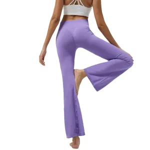 Lilac high-waisted flared yoga pants with butt-lifting seam and elastic compression fabric