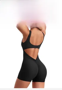 Detail shot of black backless yoga bodysuit with deep U-shaped design for fitness