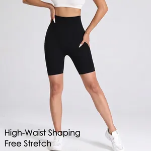 Short de yoga noir sans couture à taille haute avec contrôle du ventre pour femmes