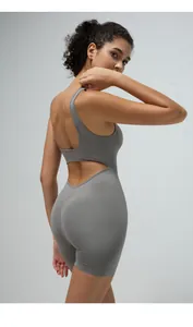 Detail of grey cutout back yoga bodysuit with scrunch butt lifting design for fitness
