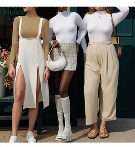 Detailed outdoor view of high neck slim fit ribbed long sleeve bodysuit outfits