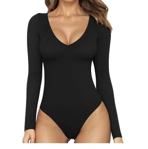 Detailed view of women's long sleeve bodysuit with a deep v-neck in slim fit black