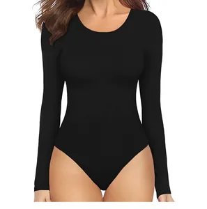 Detail of black long-sleeve bodysuit featuring high-elastic fabric and sleek crew neck