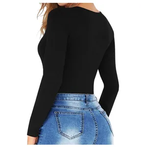 Slim fit black long sleeve bodysuit with round neck showing tight back silhouette
