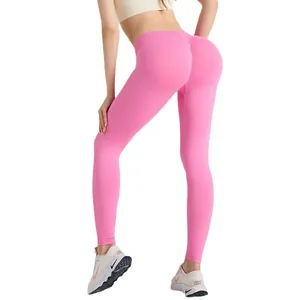 Rosa nahtlose Yoga-Leggings mit hoher Taille, Po-Lifting-Effekt und breitem Rippenbund