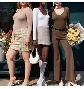 Three female models in long sleeve deep V-neck bodysuits in beige, white and dark brown