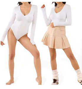 Close-up of a white deep V-neck long sleeve bodysuit with stretchy and breathable fabric