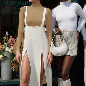 Slim fit high neck long sleeve ribbed bodysuit for women in white and khaki urban style