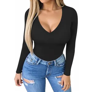 Women's Deep V-Neck Long Sleeve Bodysuit Slim Fit Stretchy Yoga Fitness Romper Solid Color Casual Layering Top For Women