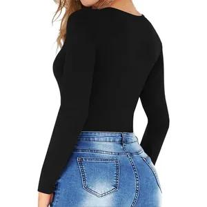 Women Slim Fit Long Sleeve Bodysuit Crew Neck Yoga Jumpsuit Solid Color Elastic Breathable Sportswear Romper Daily Wear