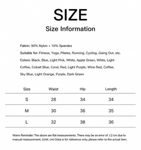 Gedetailleerde maattabel voor naadloze yoga shorts voor dames van nylon en spandex