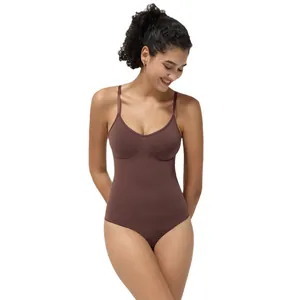 Nahtloser brauner Body-Shapewear mit V-Ausschnitt und Spaghettiträgern für Damen