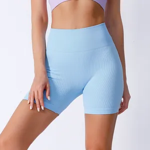 Women High Waist Seamless Ribbed Yoga Shorts Breathable Quick Dry Gym Fitness Athletic Running Cycling Sports Bottom