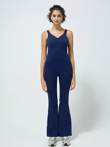 Women Backless Yoga Bodysuit V-Neck Sleeveless Flare Leg Jumpsuit Padded Sports Activewear One Piece Yoga Outfit For Gym