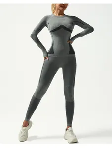 Women's seamless grey thermal base layer set with black geometric pattern details