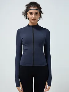 Women's slim fit navy yoga jacket with thumb holes and breathable seamless texture