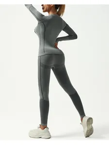 Close-up of grey seamless moisture-wicking thermal underwear with knit texture details