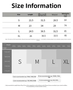 Detailed size chart for the padded yoga sports bra with measurements for S, M, L, XL