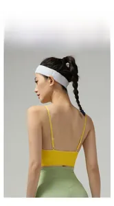 Detail of adjustable thin straps and deep U-back design on neon yellow sports bra