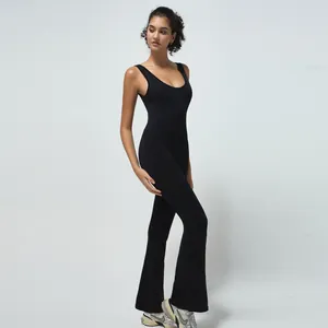 Women Seamless Backless Yoga Jumpsuit Flare Leg Workout Bodysuit Hollow Out Sleeveless Slim Fit Sports Gym Romper With Chest Pad