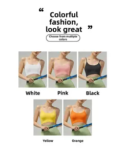 Detailed view of seamless yoga bras with thin straps and ribbed hem in five vibrant colors
