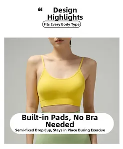 Detail of yellow sports camisole with built-in padded cups and ribbed seamless hem