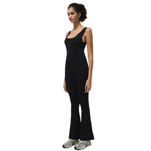 Women's black sleeveless flare leg jumpsuit with athletic stretch seamless fit