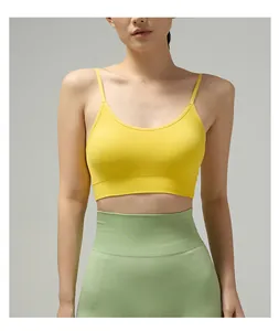 Detail of high-stretch seamless sports bra with thin straps and ribbed waistband support