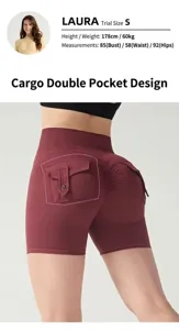 Macro detail of high-waist wine red cargo yoga shorts with scrunch butt and buttoned pockets