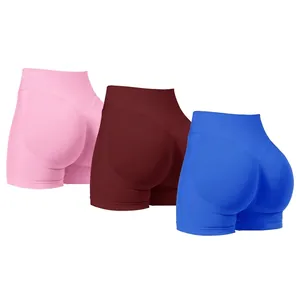 High-waist seamless scrunch yoga shorts in pink, burgundy, and royal blue colors