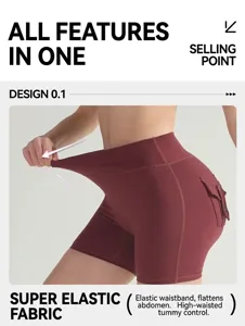 Detail showing high-elasticity waistband on dark burgundy high-waisted yoga shorts
