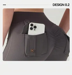 Detail view of scrunch butt yoga shorts featuring utility cargo pockets with buttons