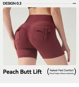 Close-up of high-waist yoga shorts with peach butt lifting and side cargo button pockets