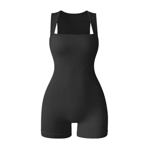 Ribbed sleeveless yoga romper in black with square neck and high elasticity slim fit design