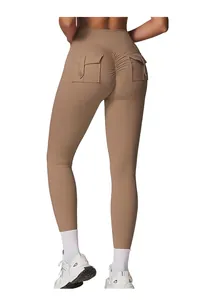 Detail view of khaki yoga leggings with scrunch butt lifting and cargo pockets