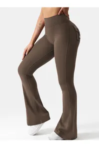 Close-up of high-waisted dark brown flare yoga pants with functional side cargo pockets