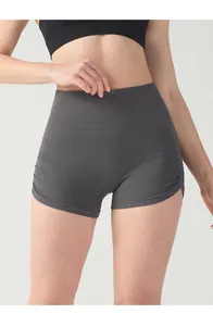 Detailed view of dark grey high waisted seamless scrunch shorts with ribbed texture