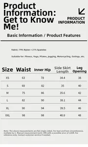 Size chart for high waist yoga tennis skirt detailing nylon fabric and measurements