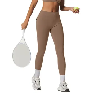 High waist compression yoga pants with pockets for women in brown for fitness and tennis