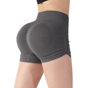 High waisted scrunch butt yoga shorts for women in grey seamless ribbed fabric
