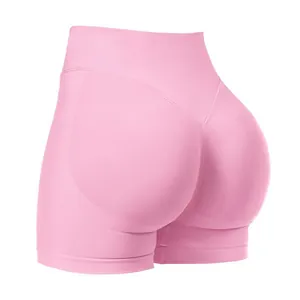 Pink high waisted seamless scrunch butt yoga shorts for fitness and gym training