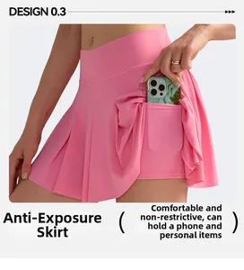 Pink high waist pleated tennis skort with hidden side pocket for smartphone and soft fabric