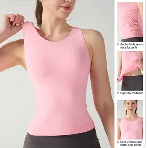Schlankmachendes rosa Yoga-Tanktop mit Seitenraffen und tiefem U-Ausschnitt aus Stretch