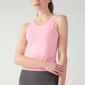 Eng anliegendes rosa ärmelloses Yoga-Top mit seitlichen Falten und Rippensaum für Fitness