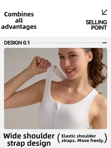 Dettaglio delle larghe spalline elastiche su un reggiseno sportivo bianco con zip