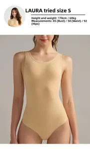 Size guide with model measurements for seamless yoga bodysuit and slimming shapewear vest