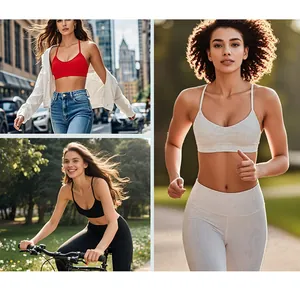 Three-piece collage of high-elastic sports bras in red, black, and white for outdoor fitness