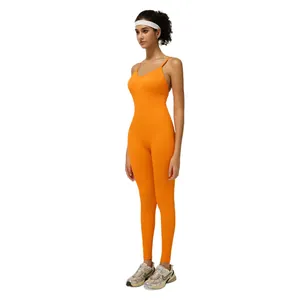 Women's orange seamless yoga jumpsuit with thin straps and a V-neck athletic fit