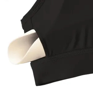 Black high-elastic sports bra featuring removable padding and seamless stitching detail