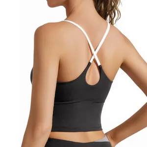 Women's High Impact Sports Bra Criss Cross Back Padded Yoga Tank Top Contrast Straps Fitness Vest For Gym Running